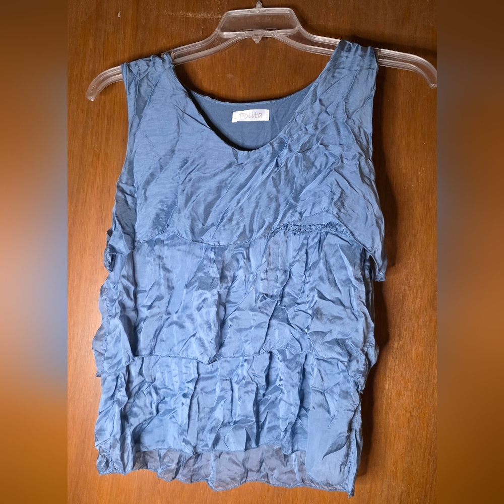 Polita Blue Crinkle Silk-Blend Tiered Top & Lace Hem Wide-Leg Pant NWT Euro 7